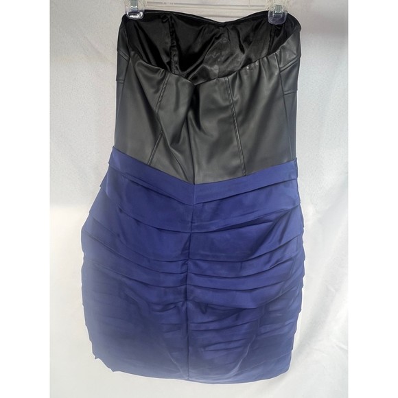 Express Sz 12 Blue & Black Mini Dress Club Evening Pleather Ruched Strapless - Picture 3 of 5